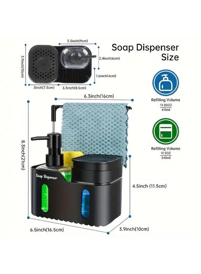 Black 4 in 1 Kitchen Soap Dispenser Set with Sponge Rack Heavy Duty Plastic Sink Organizer - Image 3